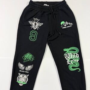 Graphic Black Sweatpants with Neon Green Accents